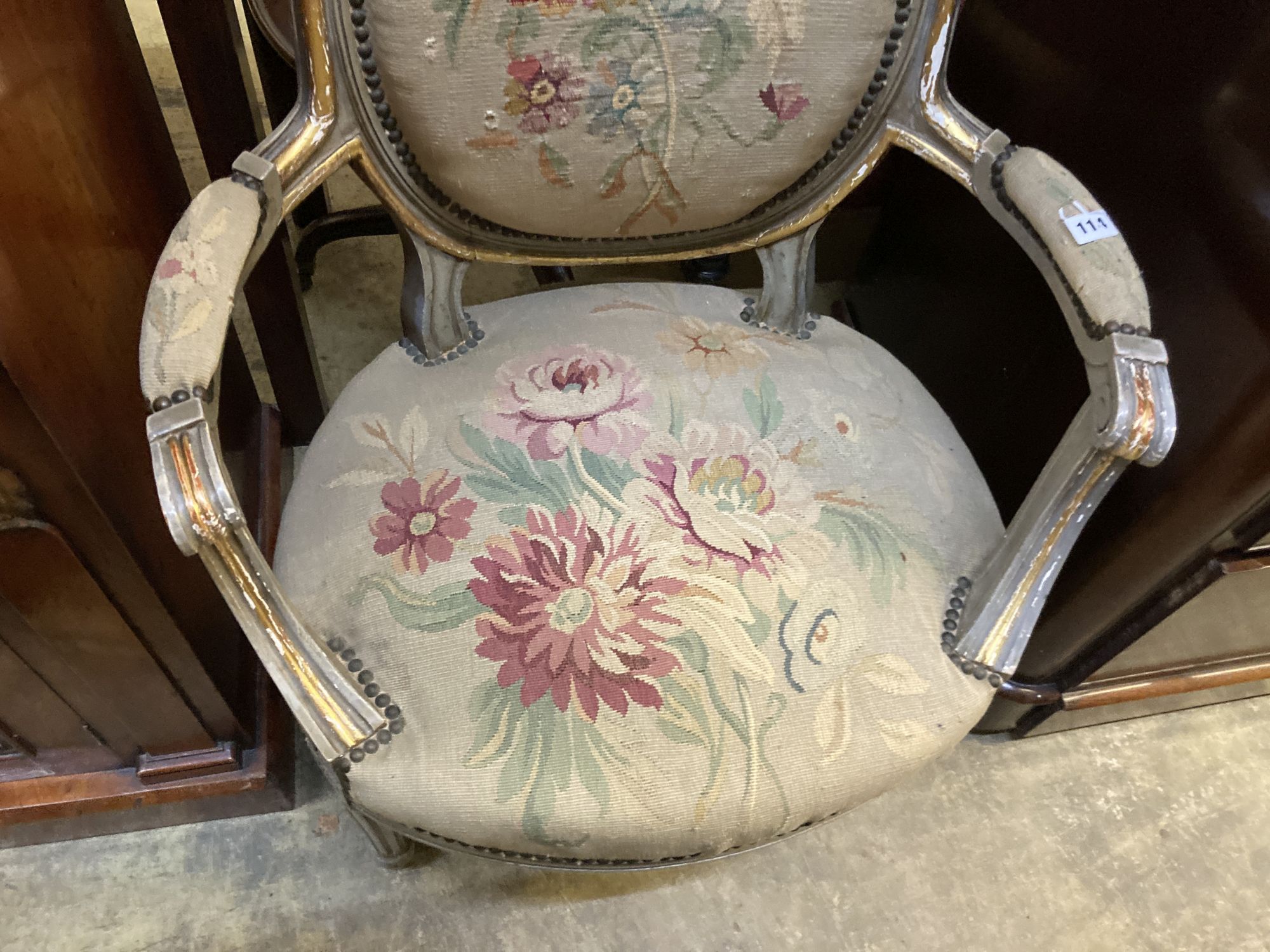 A French painted fauteuil, width 65cm, depth 48cm, height 94cm